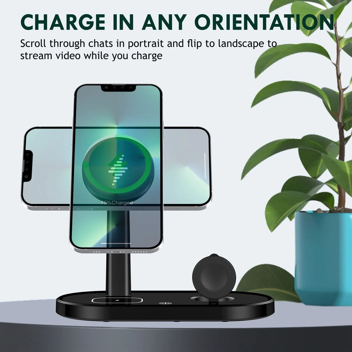 Multifunctional three-in-one magnetic wireless charger with phone holder in black, showing a smartphone upright on the stand