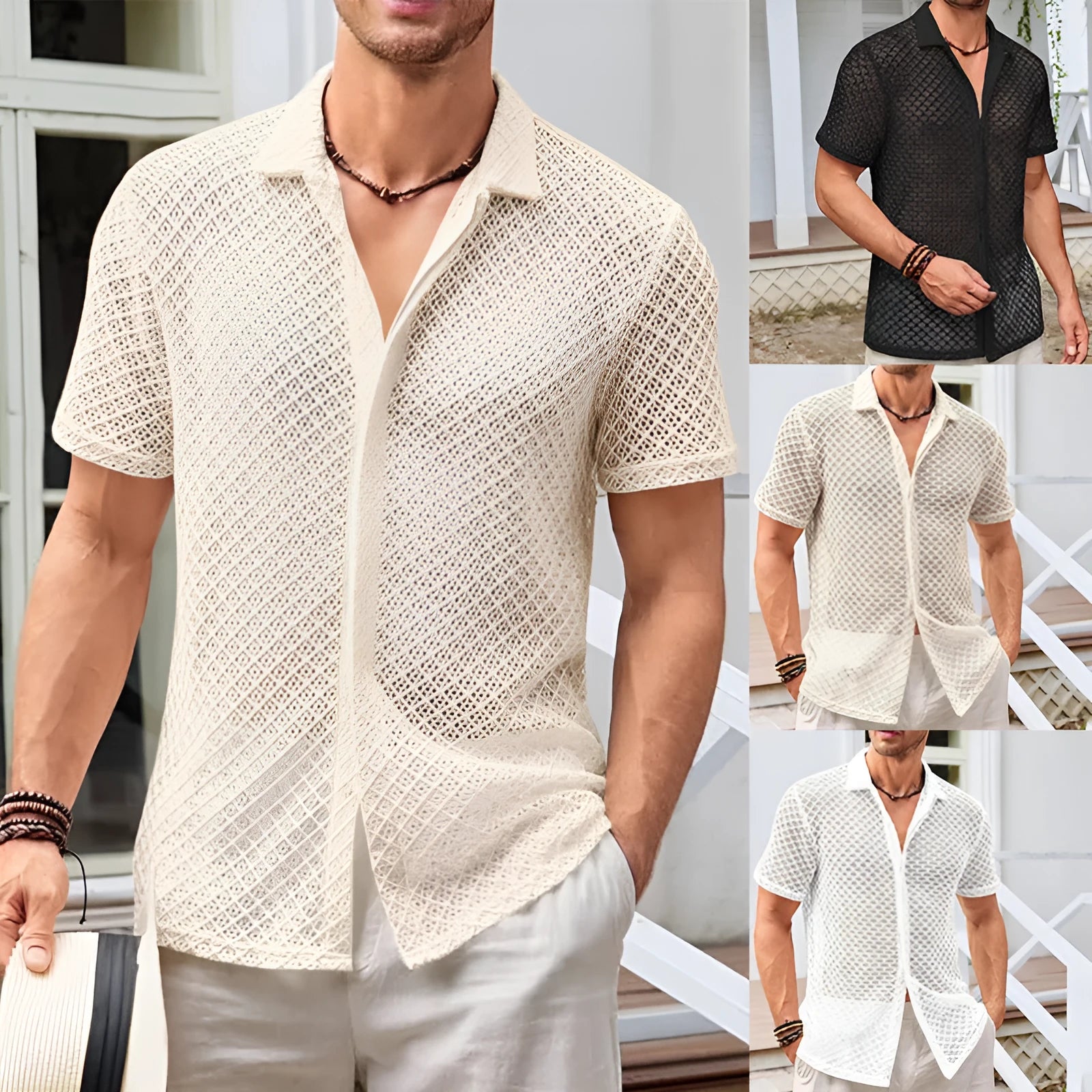 Man wearing a short sleeve lapel collar shirt in a solid light colour, suitable for casual summer wear.