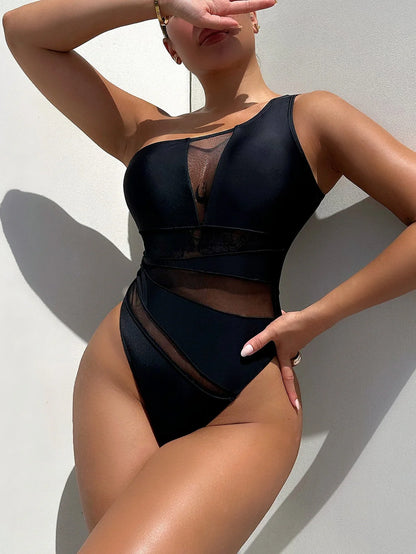 Black one-piece swimsuit for women with polyester-spandex lining in S, M, L sizes