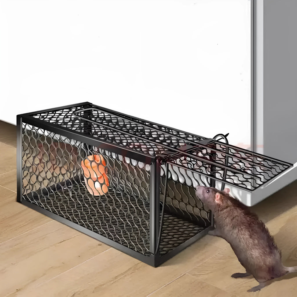Automatic mouse trap cage in metal or plastic, shown in small, medium, and large size options.