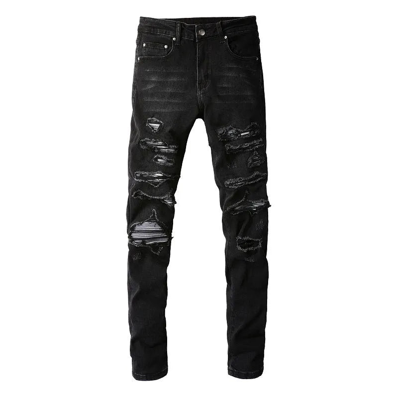 Slim fit black jeans for men, collated grey white dyed elastic denim, cotton 98% spandex 2%