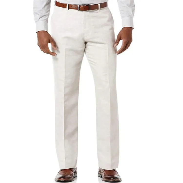 Men's beige white linen blend casual trousers with slanted front pockets on a solid colour background.