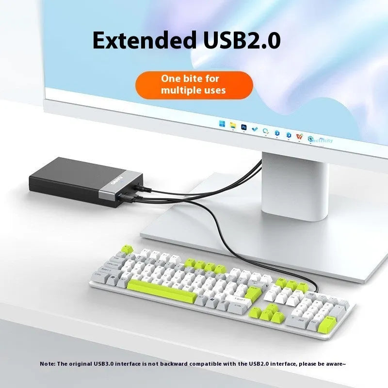3.5 inch SATA hard disk enclosure with USB 3.0 port, sliding cover, and included power supply and cable.
