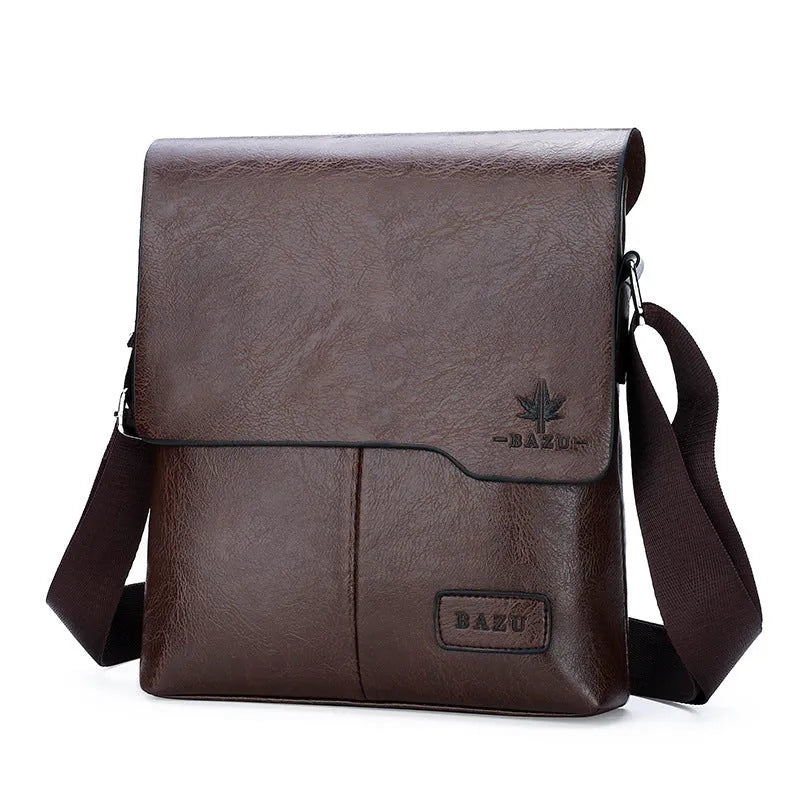 Vertical men's casual PU leather backpack in solid colour with letter print for business commute
