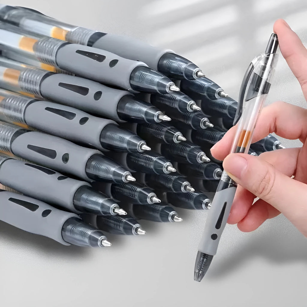 A plastic gel pen with a 0.5mm fine point, shown in black, red, and blue colour options.