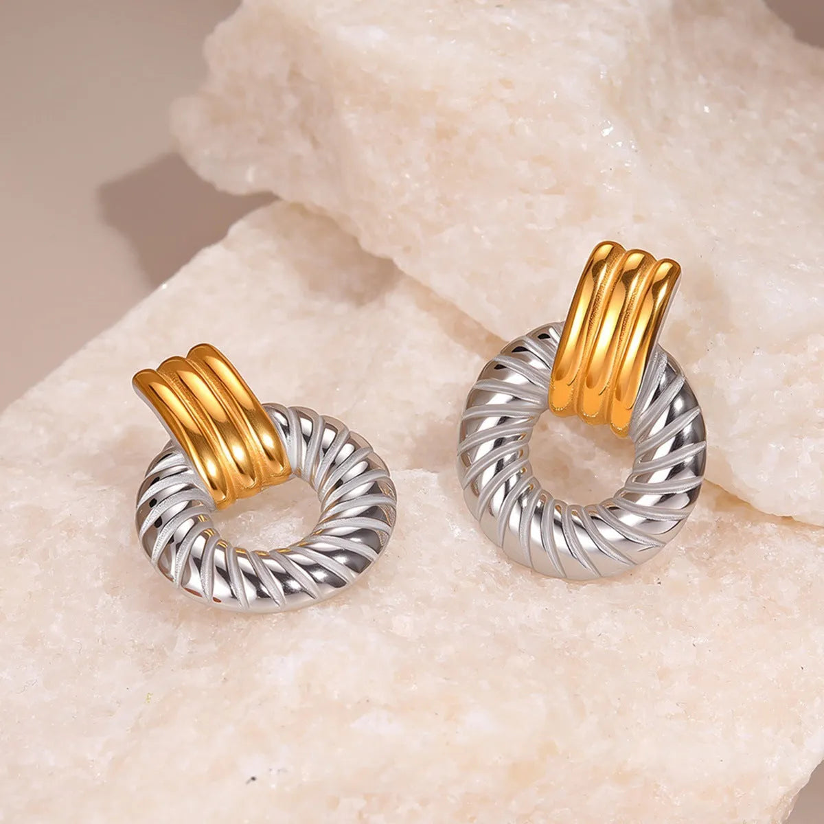 Stainless steel geometric earrings with 18K electroplating, gold and silver colour matching, round ring line design for women