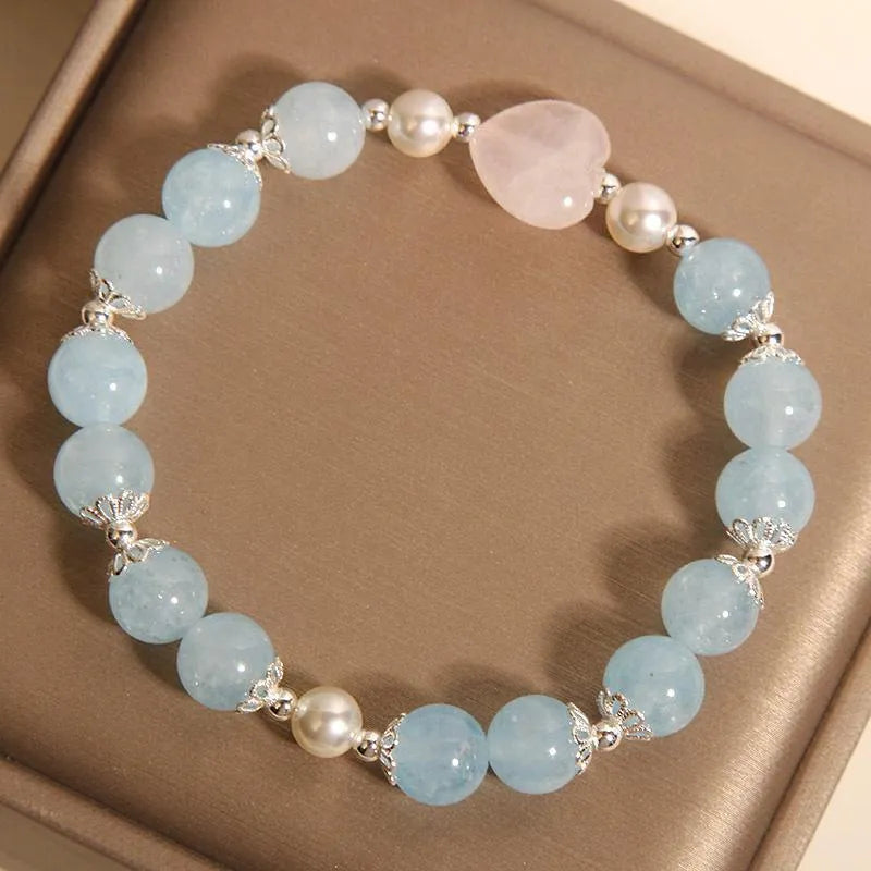 Natural aquamarine crystal bracelet for women with pink crystal and shell pearls, light luxury Japanese Korean style