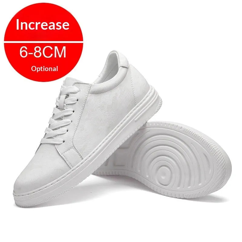 Men's white casual height increasing sneakers with hidden platform sole, low-top design, and lace-up closure