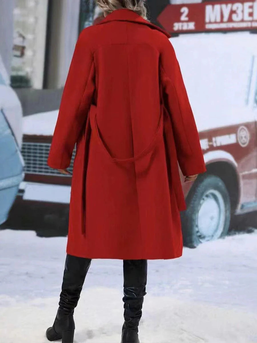 Double-breasted trench coat in red, black, and khaki colors with adjustable belt for a customized fit