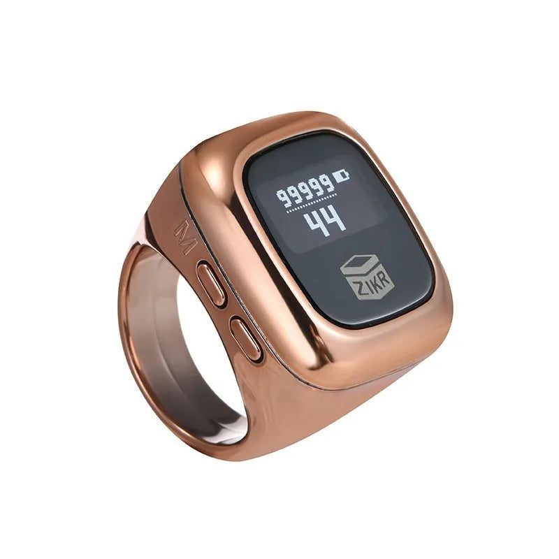 Al-fatiha Zikr electronic counter on wrist showing digital display, available in black, rose gold, silver, wine red, green.