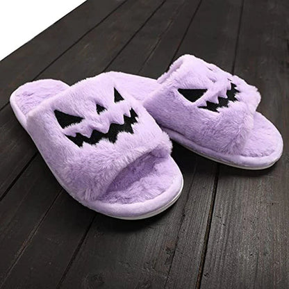 Halloween-themed women's winter slippers with rabbit fur upper in various colours