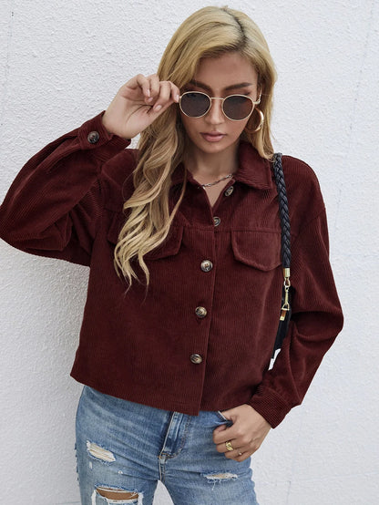 Women's brown corduroy slim coat with long sleeves and street hipster styling