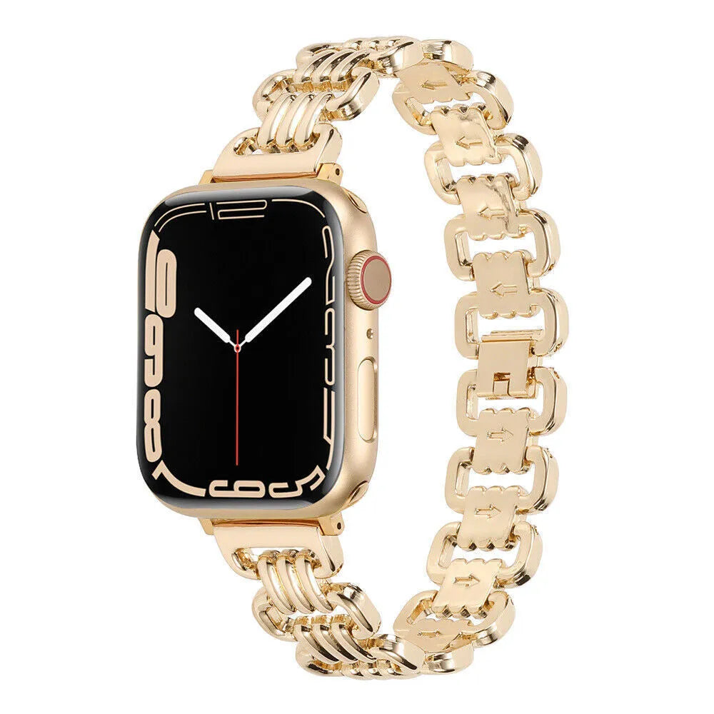 Stainless steel alloy Apple Watch band in silver, black, gold, rose gold, and starlight colours.