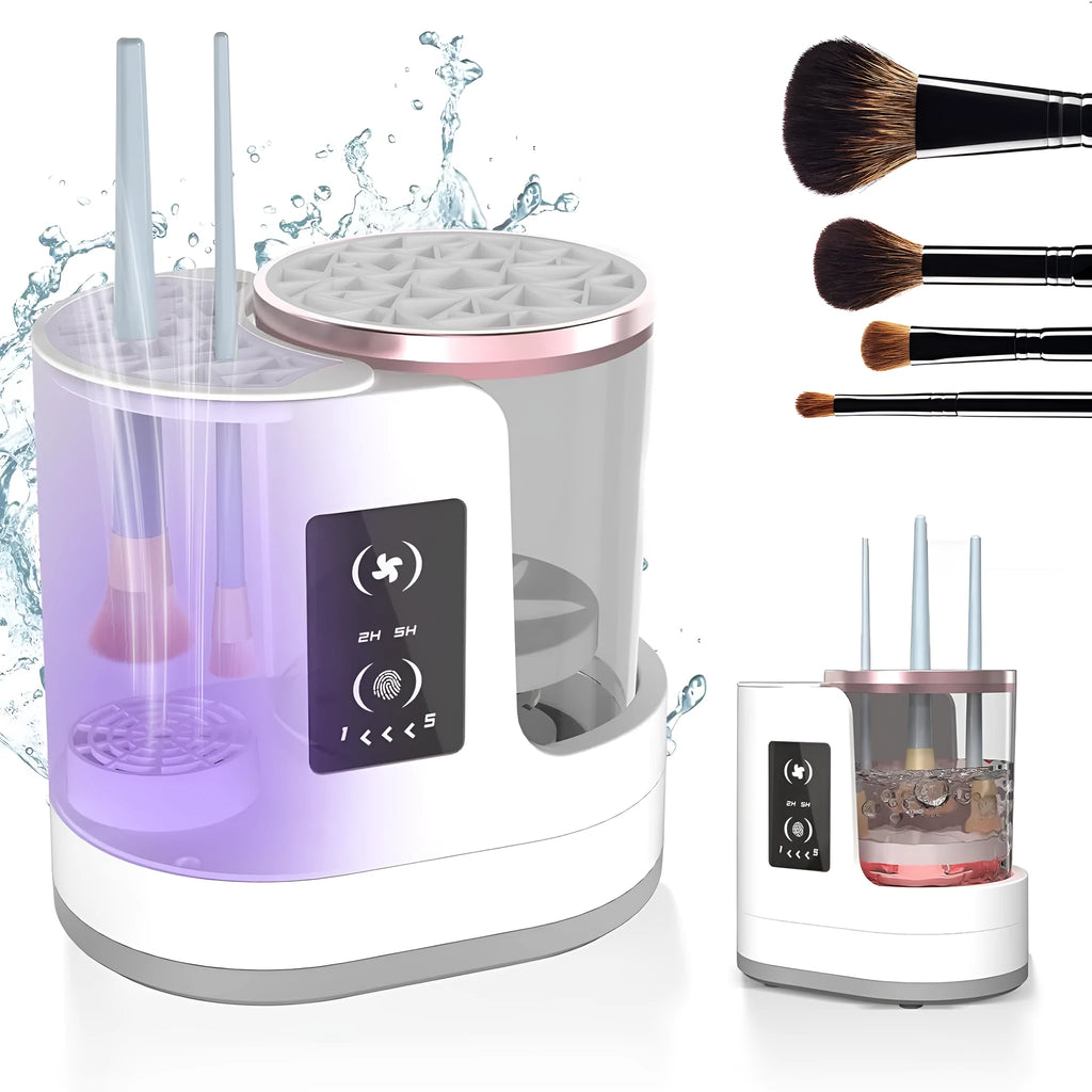 Automatic makeup brush cleaner with drying chamber showing brush holder and control buttons