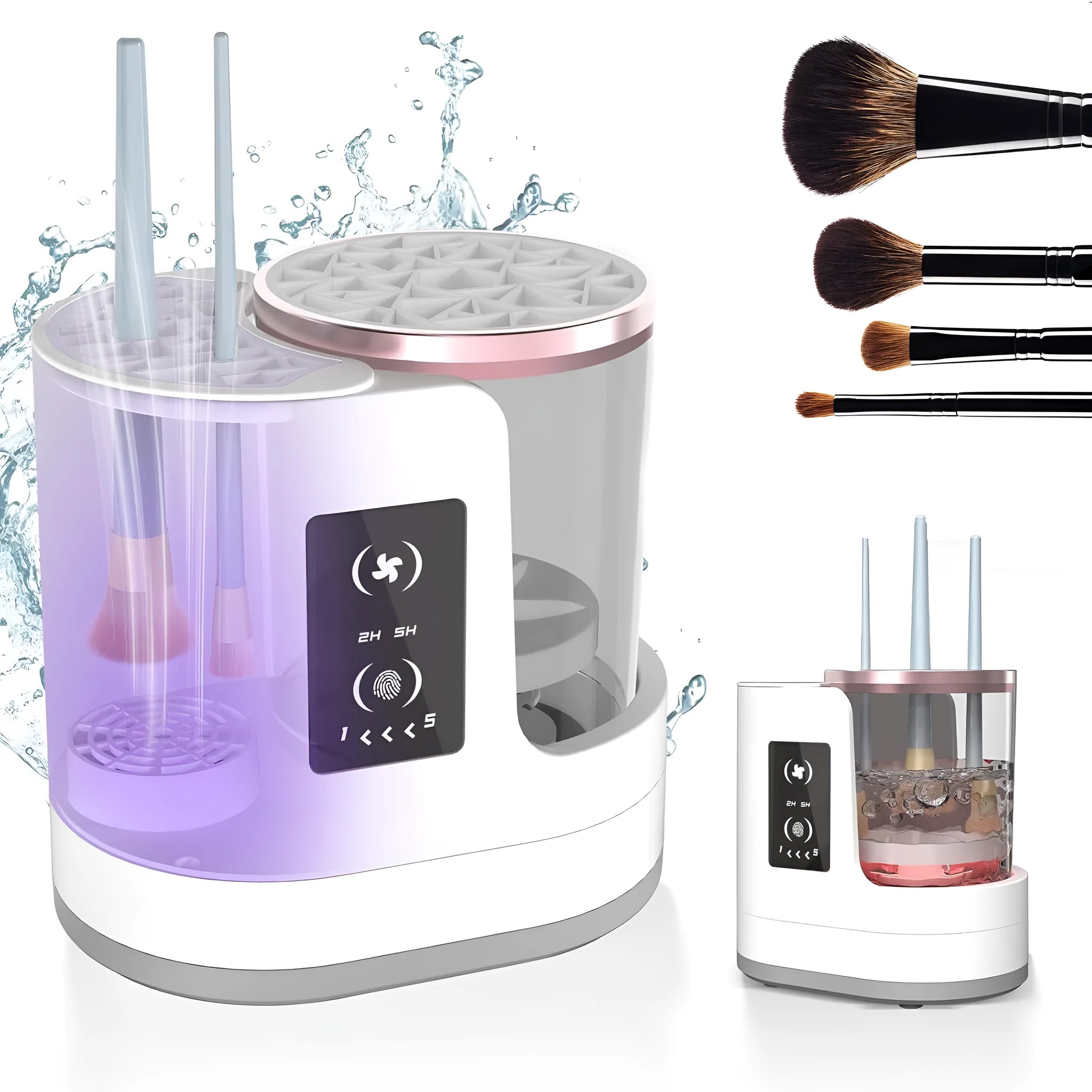 Automatic makeup brush cleaner with drying chamber showing brush holder and control buttons