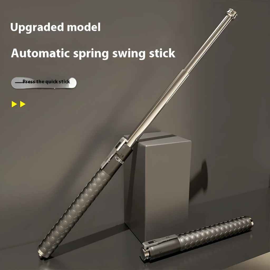 Automatic spring expandable baton in titanium black with three size options shown