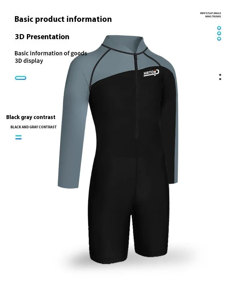 Men's professional diving one-piece swimsuit in black and gray shark skin style