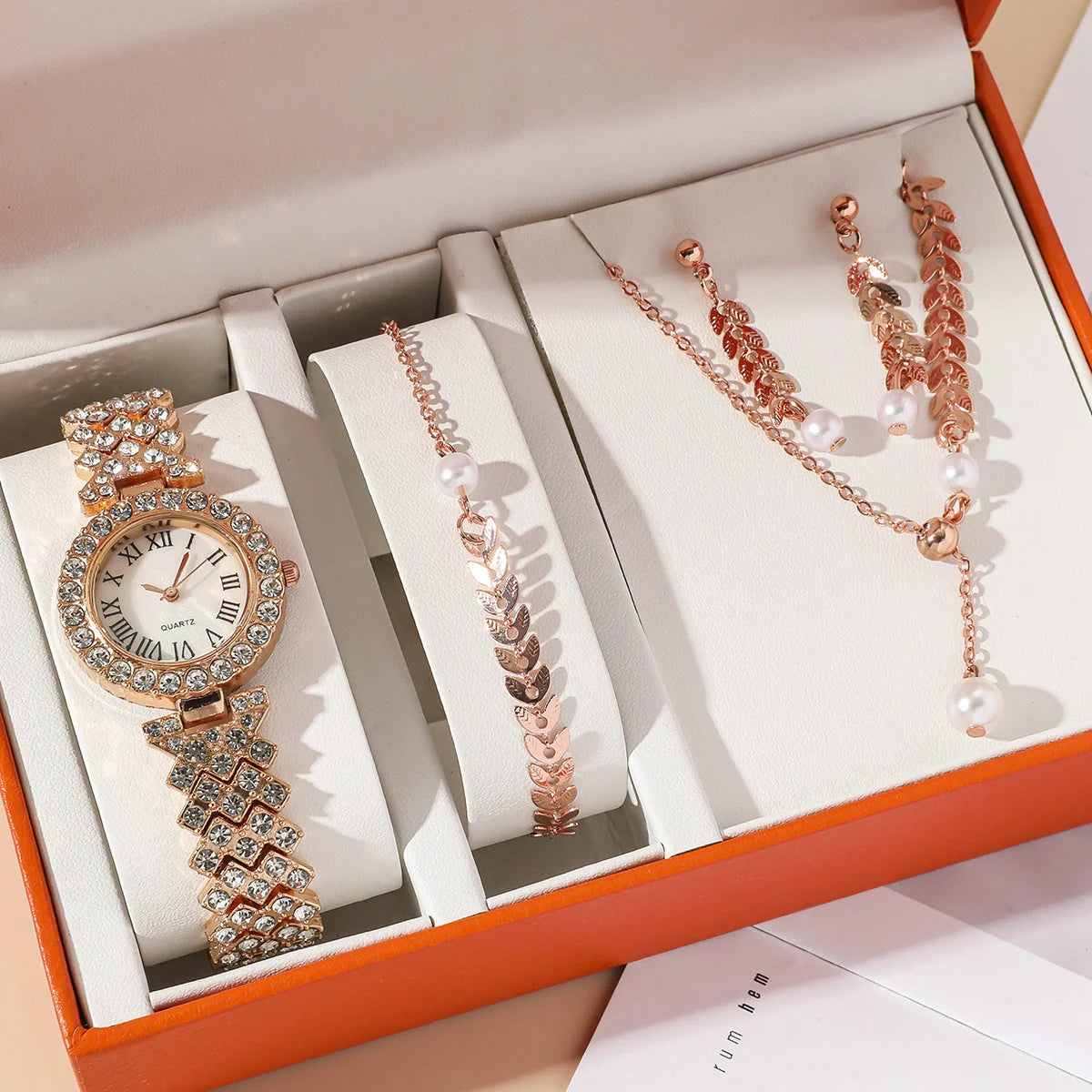 Diamond women's watch with rhinestone quartz bracelet and matching jewellery set