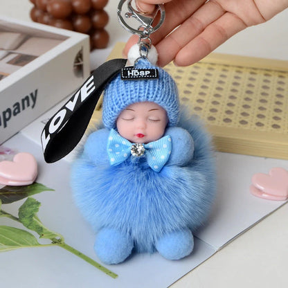 Hand-woven fox fur sleeping doll plush keychain pendant with or without bow