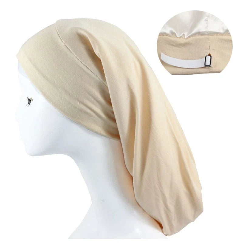 Women's adjustable satin-lined nightcap in various colours for hair protection