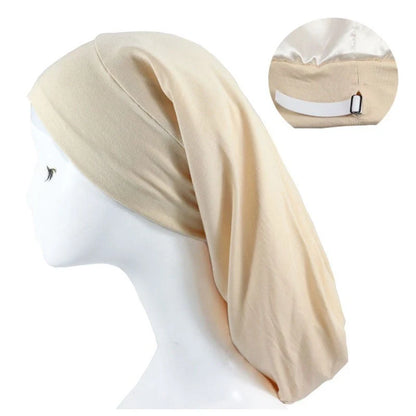 Women's adjustable satin-lined nightcap in various colours for hair protection