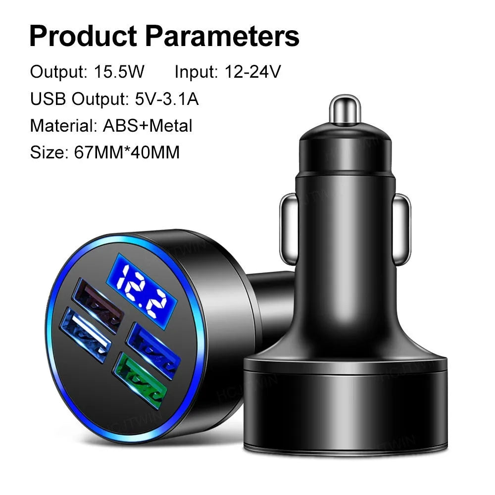 Black four-port USB car charger with cigarette lighter connector