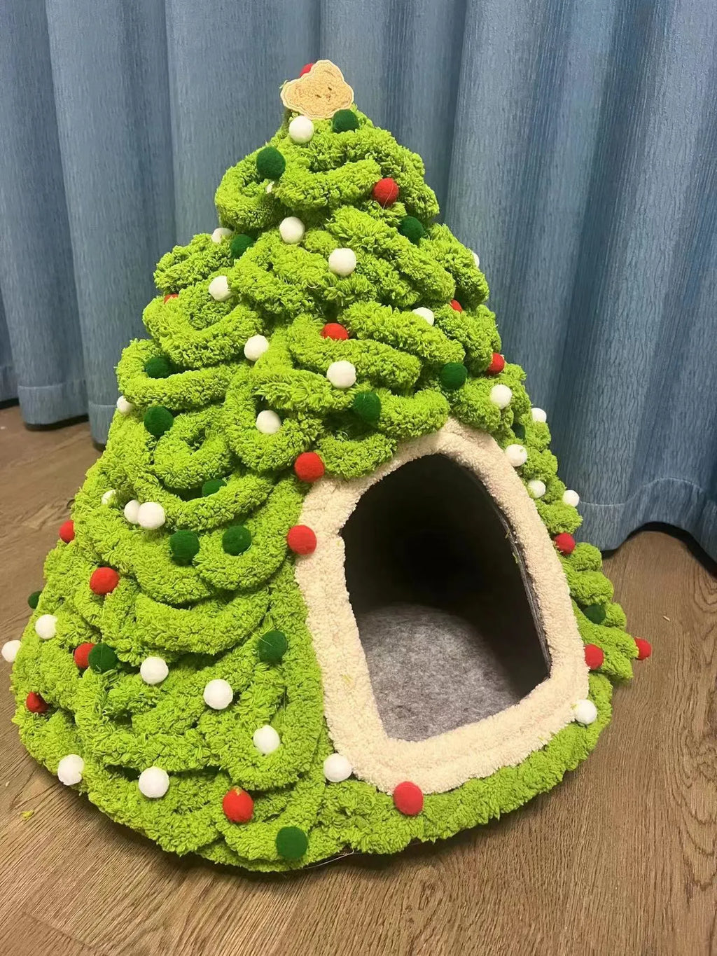 Grey conical felt enclosed cat nest with Christmas handmade design measuring 50cm diameter