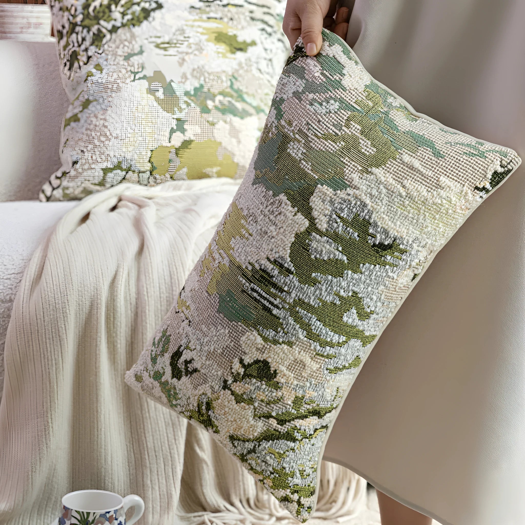 Green antique French style floral pattern wool blend decorative pillow on a sofa.