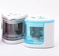 Automatic electric pencil sharpener in blue, compact 50mm cube with ABS and PC construction
