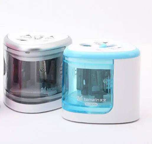 Automatic electric pencil sharpener in blue, compact 50mm cube with ABS and PC construction