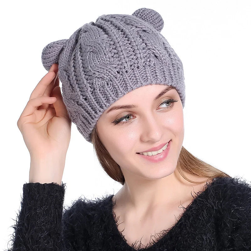 Autumn Winter Cat Ear Knit Beanie in various colors with unique design