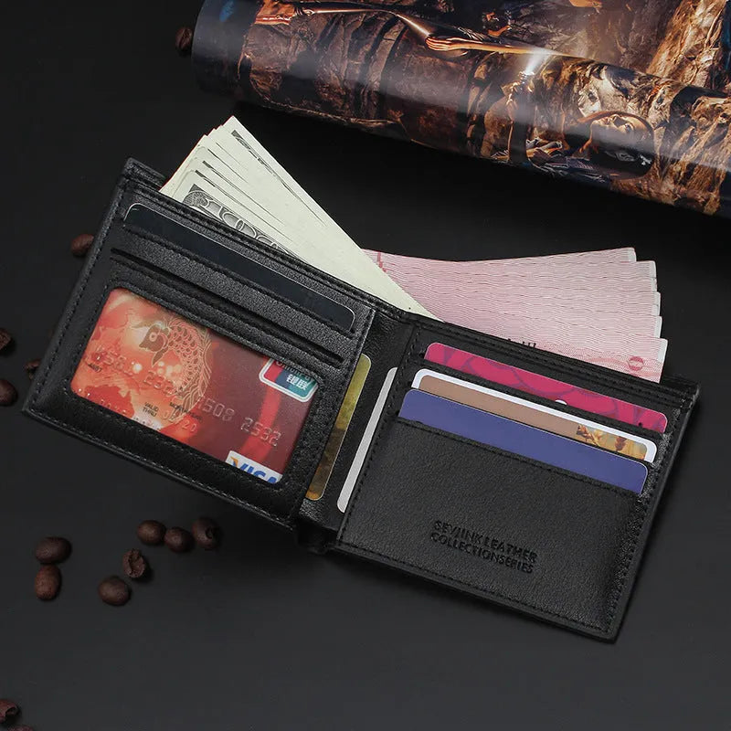 New men's hard leather wallet with toothpick effect, card slot and bill slot in black horizontal orientation