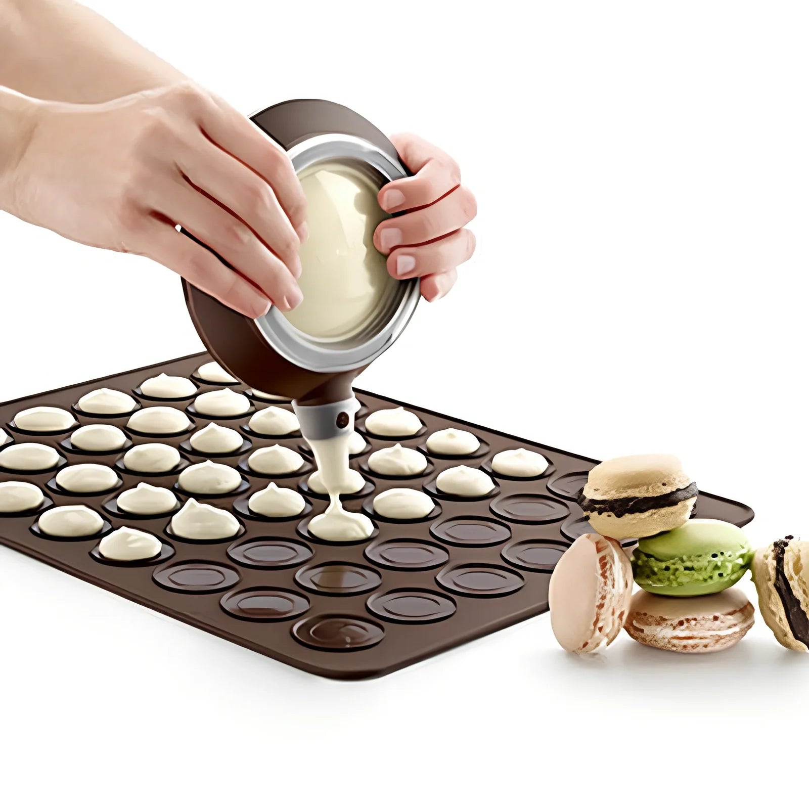 Brown silicone baking mat 29.5 cm x 21.5 cm with 2.3 cm and 3.7 cm circles for non-stick oven baking