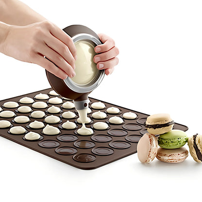 Brown silicone baking mat 29.5 cm x 21.5 cm with 2.3 cm and 3.7 cm circles for non-stick oven baking