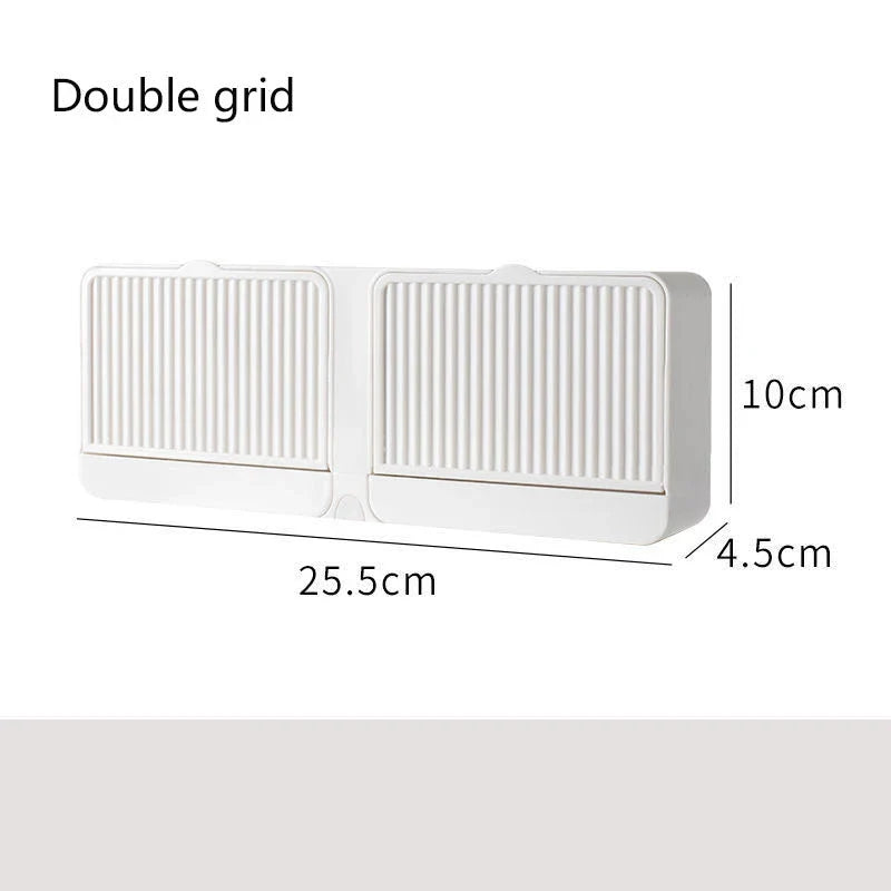 Double grids soap storage box wall mounted with free drain design in white, grey, and khaki