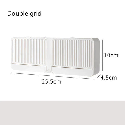 Double grids soap storage box wall mounted with free drain design in white, grey, and khaki