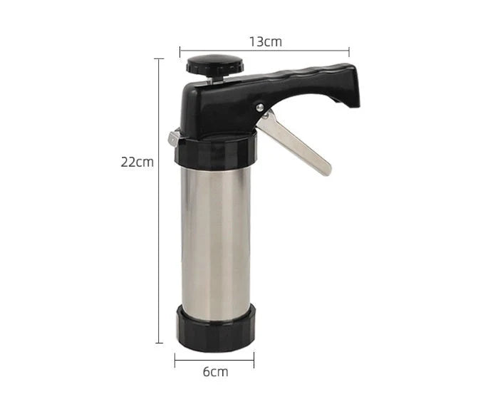 Stainless steel biscuit press with 13 moulds and 8 nozzles for baking and decorating