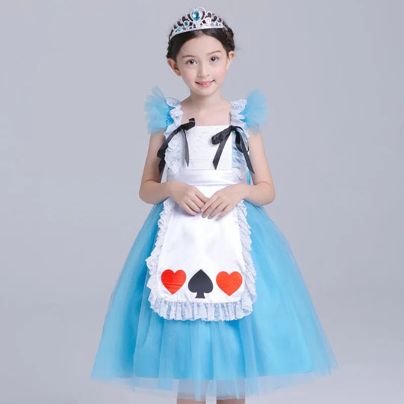 Girls blue Halloween princess dress with cotton chiffon fabric and short sleeves on display
