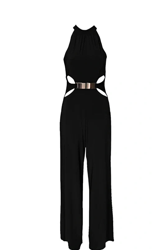 Black high-neck long-sleeved flared jumpsuit with stitching, sizes S-XL, length 142-149cm, bust 80-92cm, hips 82-94cm