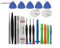 21 piece mobile phone disassembly tool kit with chrome vanadium steel screwdrivers and plastic spudgers on a flat surface