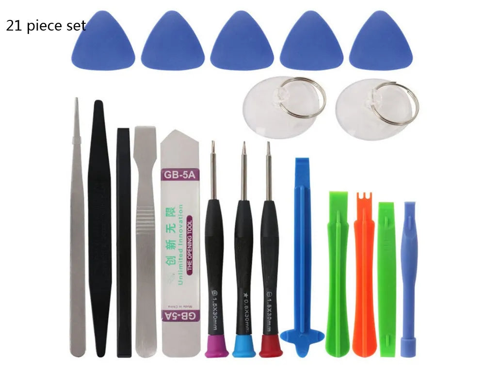 21 piece mobile phone disassembly tool kit with chrome vanadium steel screwdrivers and plastic spudgers on a flat surface