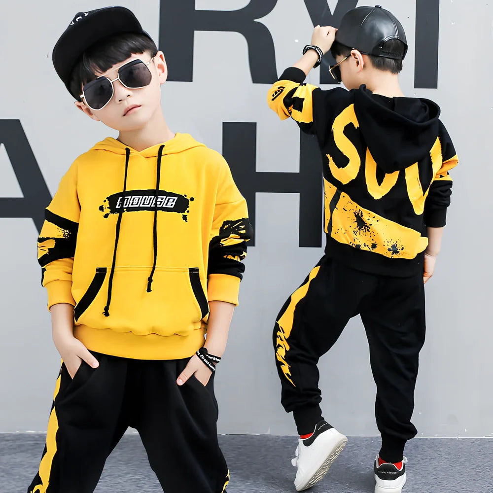 Boy's black hooded cotton sports suit two sets, long sleeve pullover top and trousers, 95% cotton for ages 8+