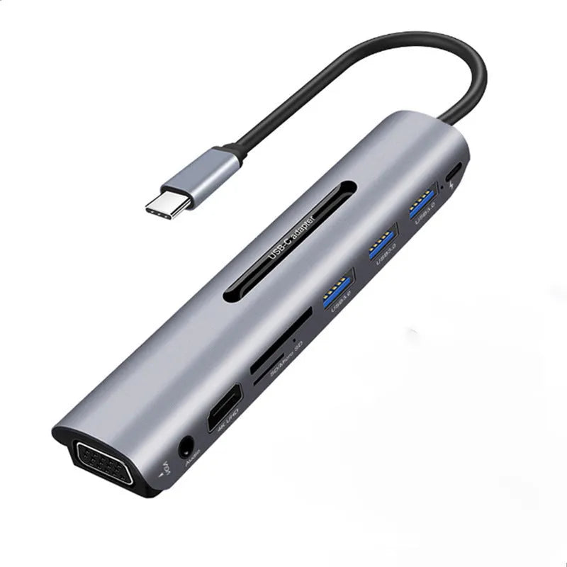 9-in-1 USB C hub docking station in space grey aluminium alloy with round-wire cable