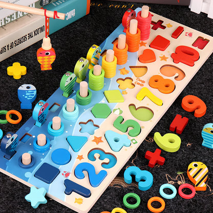 Wooden 3D alphabet number puzzle board 42x16x8 cm with geometric letter and number pieces in ocean blue theme