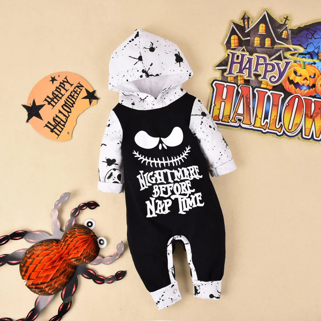 Black cotton hooded Halloween romper for a child, showing long sleeves and full-length legs.