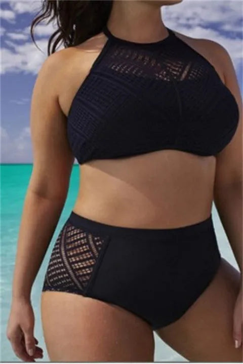 Large split bikini polyester fibre black plus size women swimsuit S to 7XL