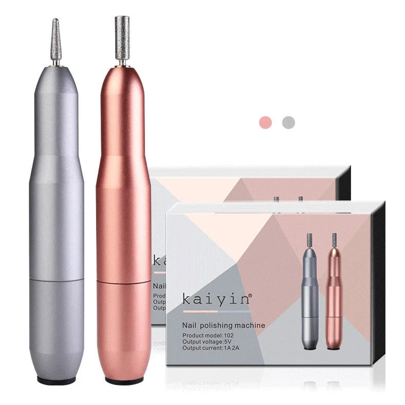 Pink USB-charging electric nail drill machine with 6 grinding heads and power cord