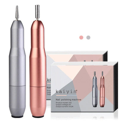 Pink USB-charging electric nail drill machine with 6 grinding heads and power cord