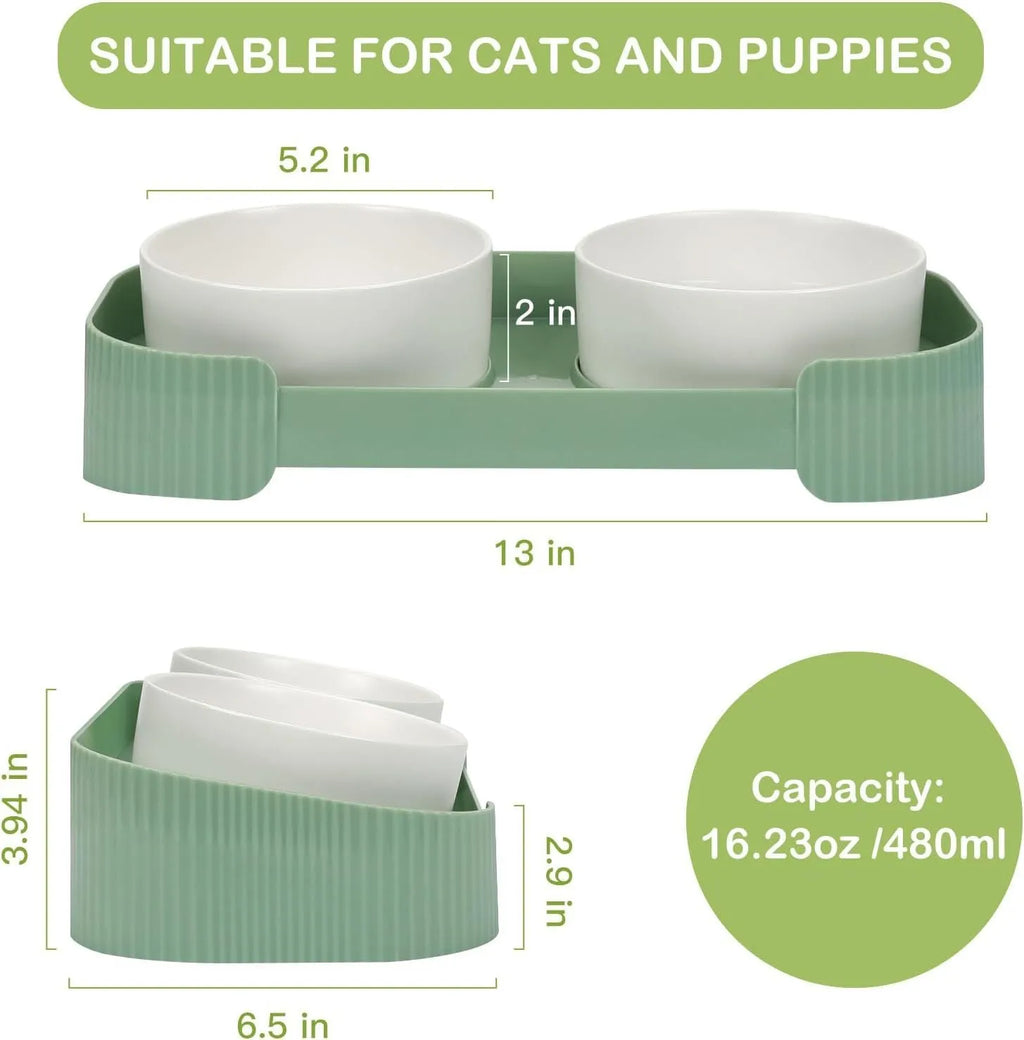 Ceramic elevated cat bowls set with 15 degree tilt in green, white and yellow colour options