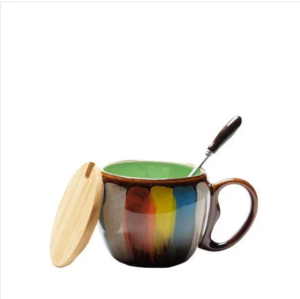 Handmade ceramic cup set with lid and spoon in vibrant colours, 350ml capacity